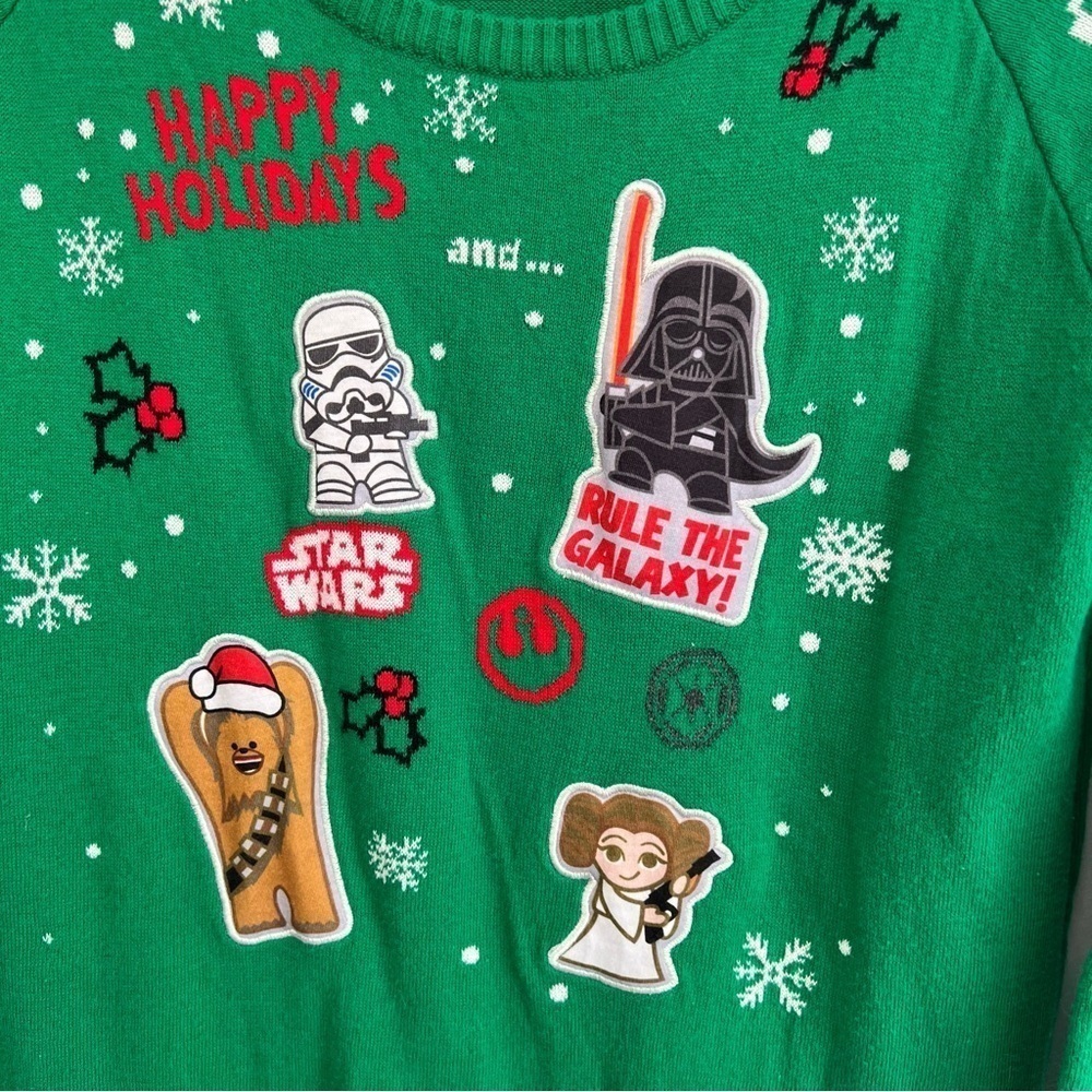 Star Wars kids Green Happy Holidays Christmas Sweater Size XL 100% Cotton - Picture 2 of 7